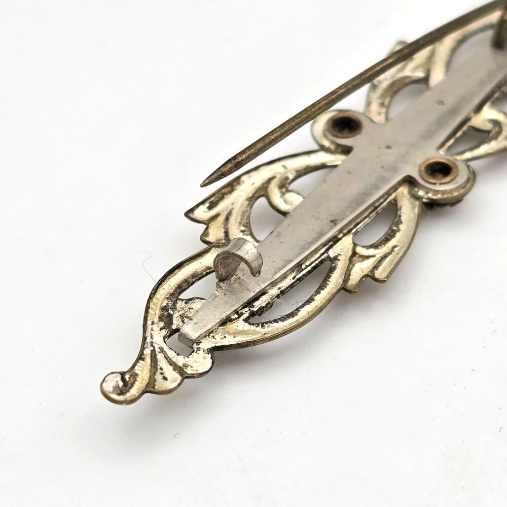 Antique Mother of Pearl Bar Brooch 2.5" Mixed Tone Metal & Paste Stones - Picture 5 of 6